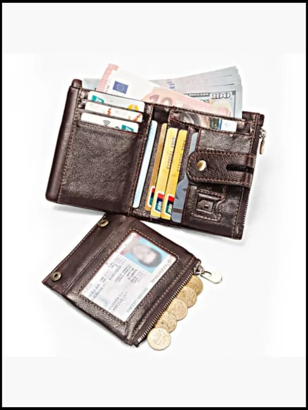 Mens Anti-Theft Chain Wallet Genuine Leather RFID Bifold Wallet with ID Window